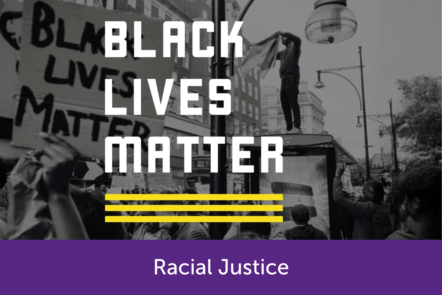 Black lives matter written across a picture of a protest