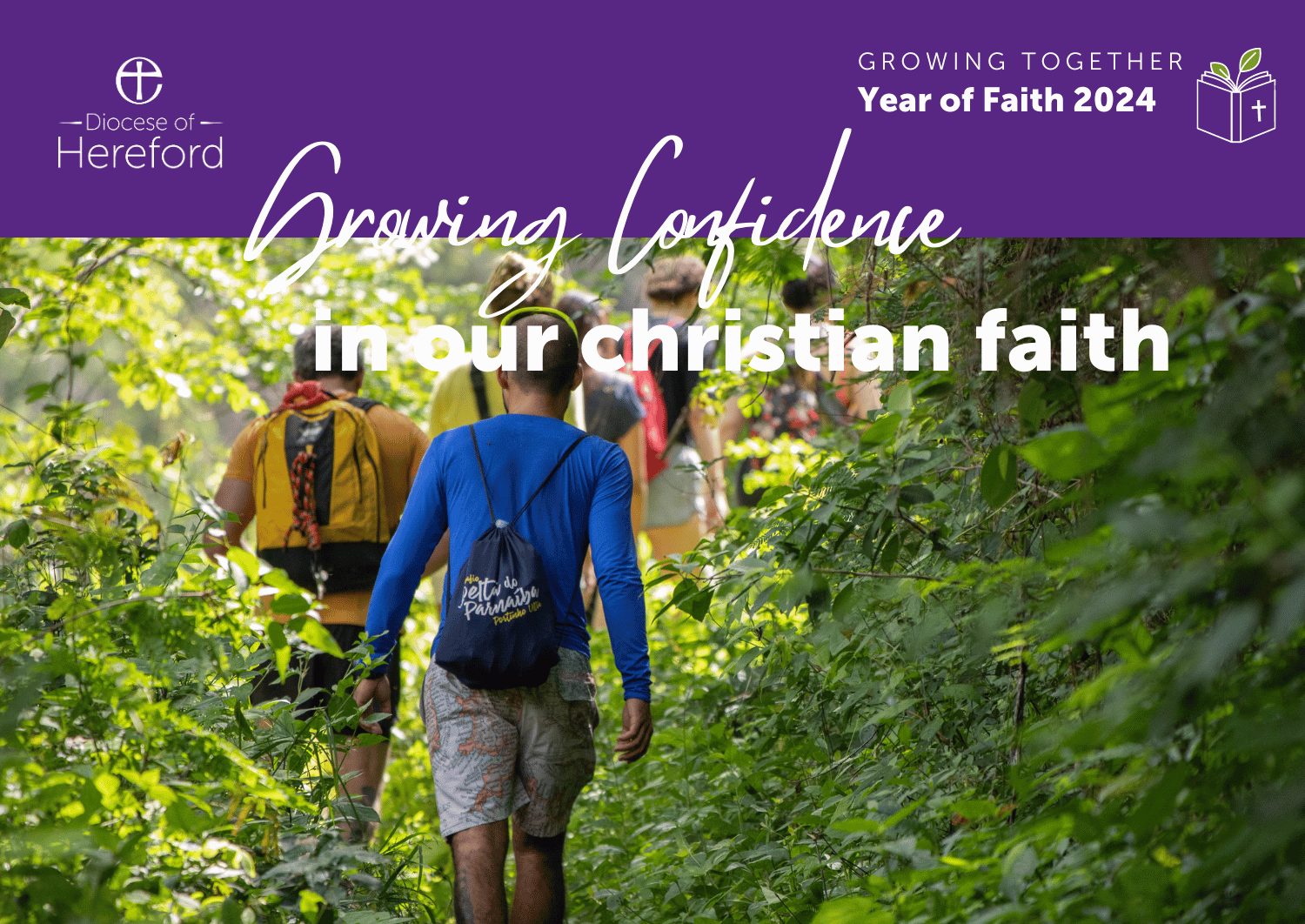 Image of People walking through woodlands in dappled sunlight with rucksacks on