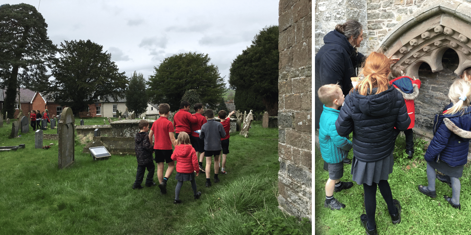 local school children exploring church yard at St George's Church, Clun