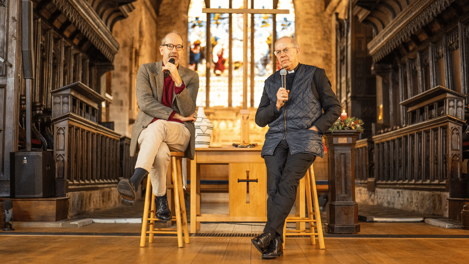 The Bishop of Hereford in conversation with the Archbishop of Canterbury at St Peter's Church, Hereford