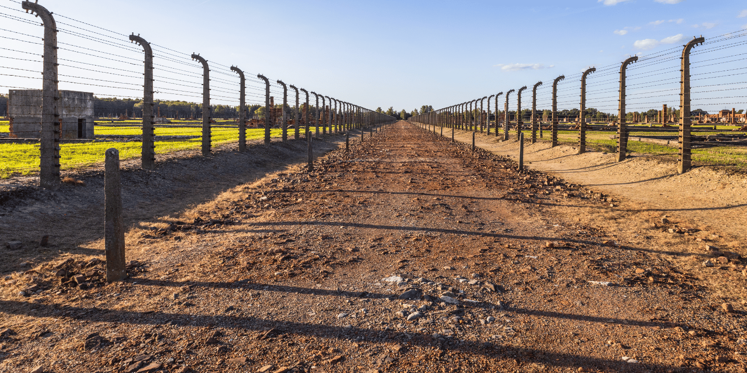 Railings with barbed wire showing the former railway track entering a concentration camp