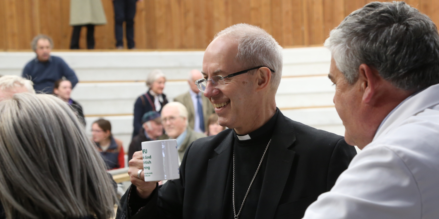 Archbishop of Canterbury drinking tea with farmers at Hereford Cattle market