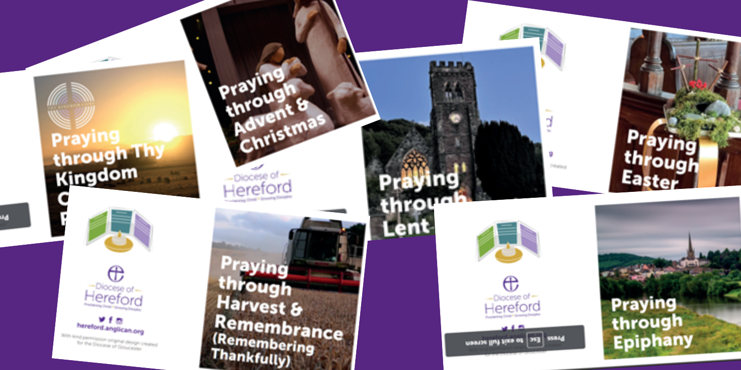 Scattered postcards on purple background